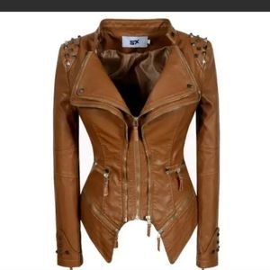 Women's Leather Slim Fit Motorcycle Jacket Zipper Coat Punk Studded Long Sleeves